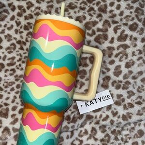 Katydid Cream Handle Travel Tumbler with Teal, Pink and Orange Waves
